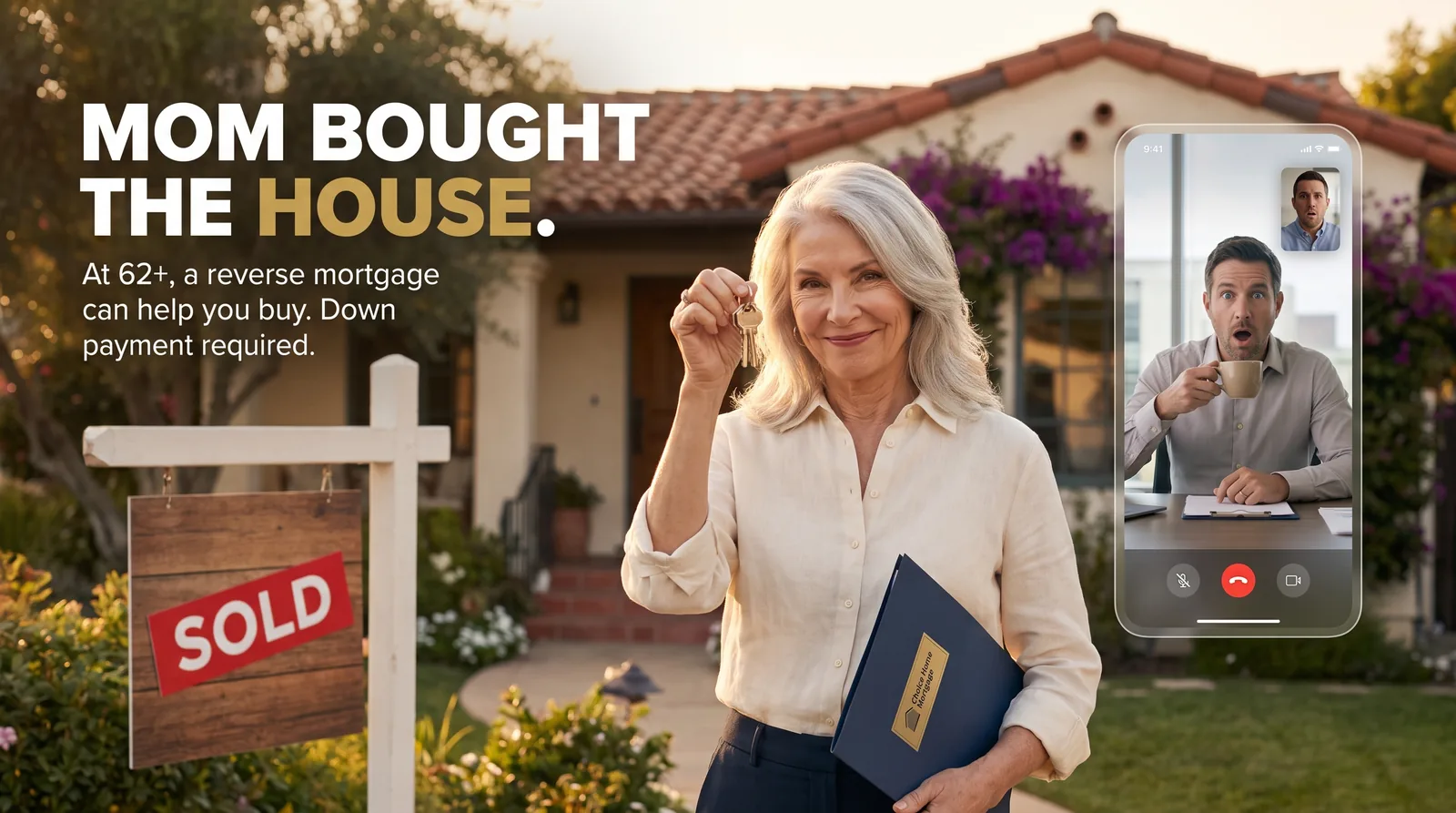 A woman in her late 60s holding up the keys to her new Spanish-style home beside a SOLD sign, while her grown son reacts in disbelief on a video call