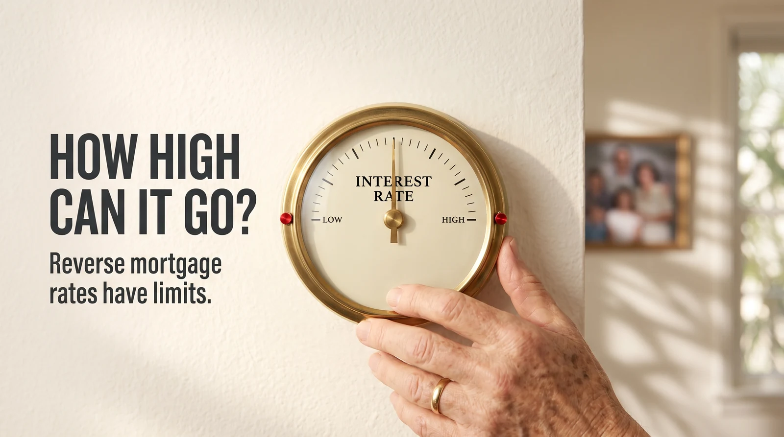 A brass wall thermostat whose dial reads INTEREST RATE, its pointer between LOW and HIGH with red stop pins limiting how far it can turn, as an older hand with a wedding ring reaches for it, under the headline How high can it go? Reverse mortgage rates have limits.