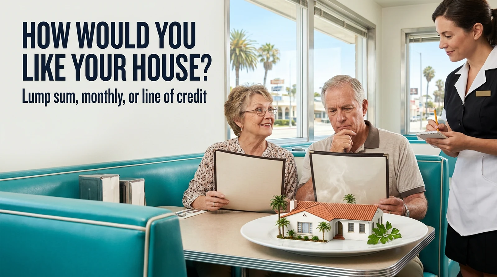 A retired couple in a turquoise Southern California diner booth study menus while a waitress waits with her notepad and a miniature red-tile-roof house sits served on a plate in front of them, under the headline How would you like your house? Lump sum, monthly, or line of credit.