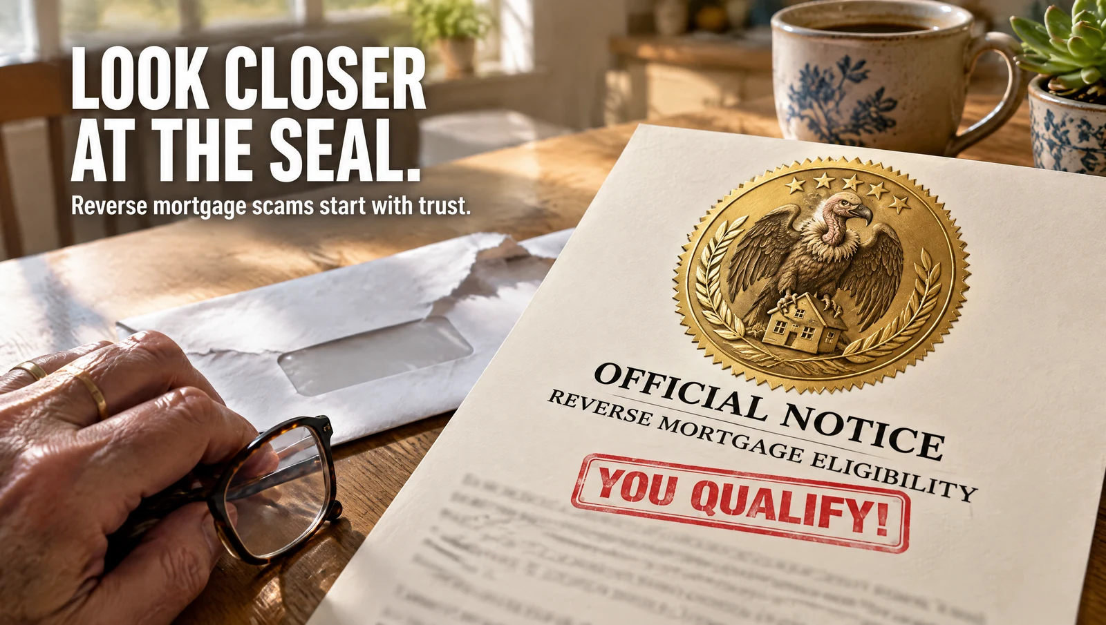 An official-looking reverse mortgage eligibility letter stamped YOU QUALIFY on a kitchen table, its gold government-style seal showing a vulture clutching a house instead of an eagle