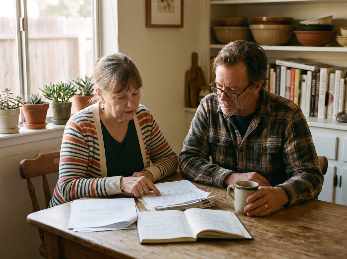 A couple in their late sixties sitting at their kitchen table reviewing reverse mortgage paperwork together, the woman pointing at a line on the document