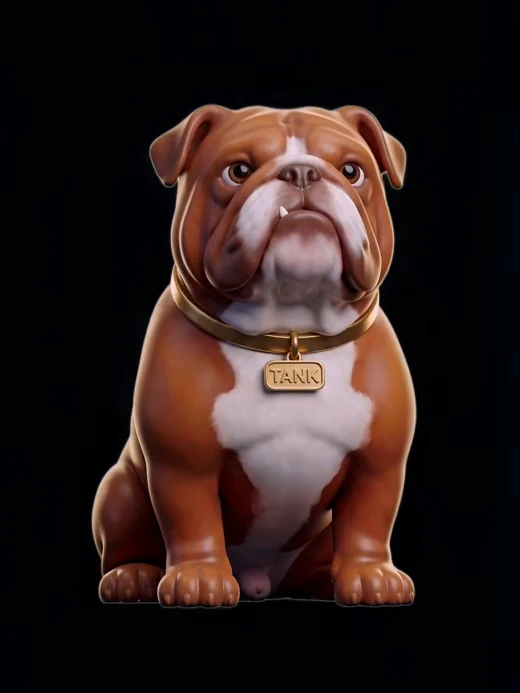 Tank, the Choice Home Mortgage office bulldog, wearing a gold name tag