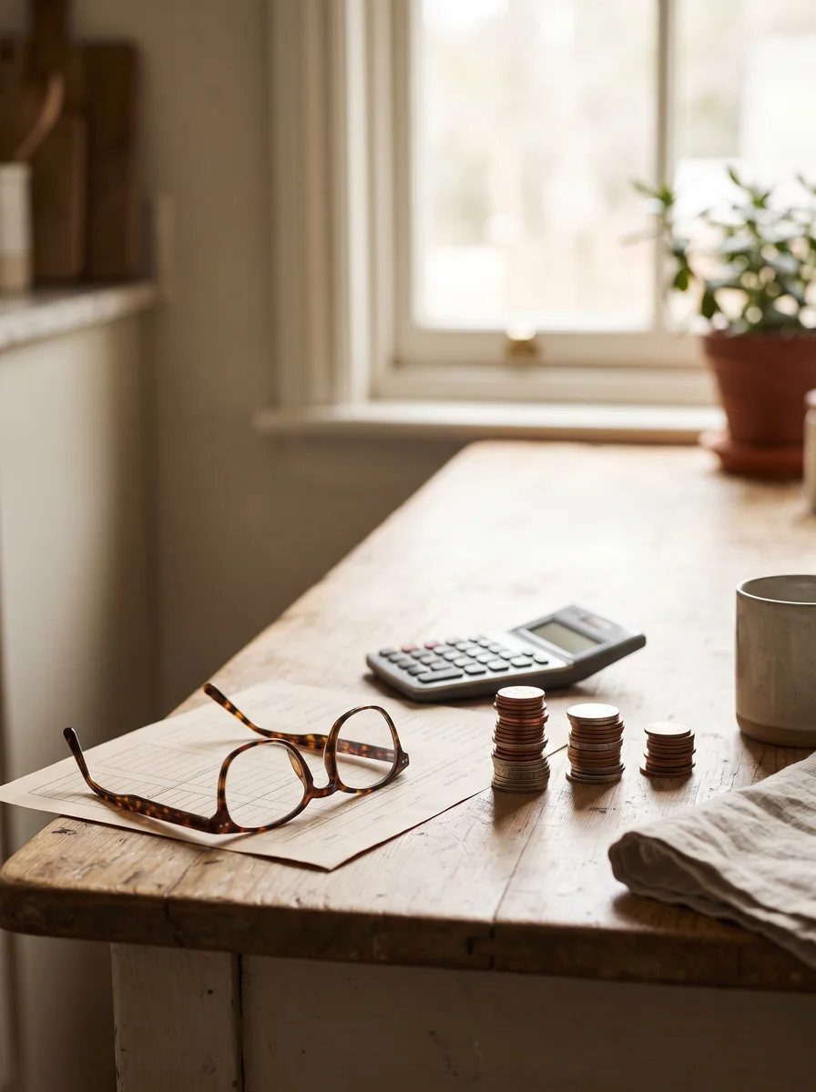 A kitchen table with a reverse mortgage cost worksheet, reading glasses, and a calculator, with three stacked coin piles of descending size representing upfront, ongoing, and never-removed costs